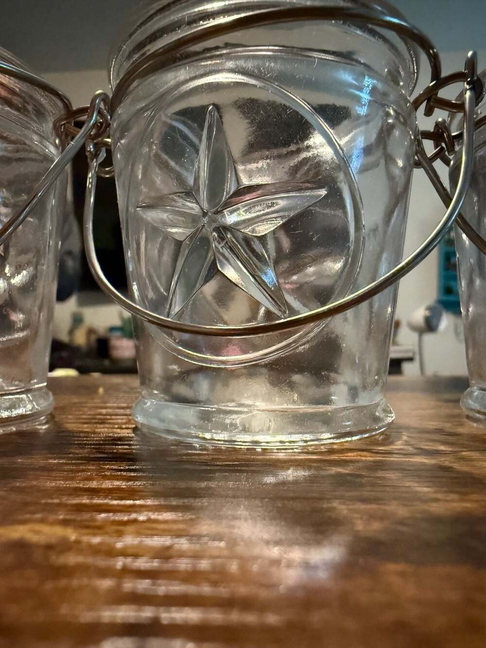 Set of 3 Vintage Style Clear Glass Star Votive Candle Holders with Wire Handles‎